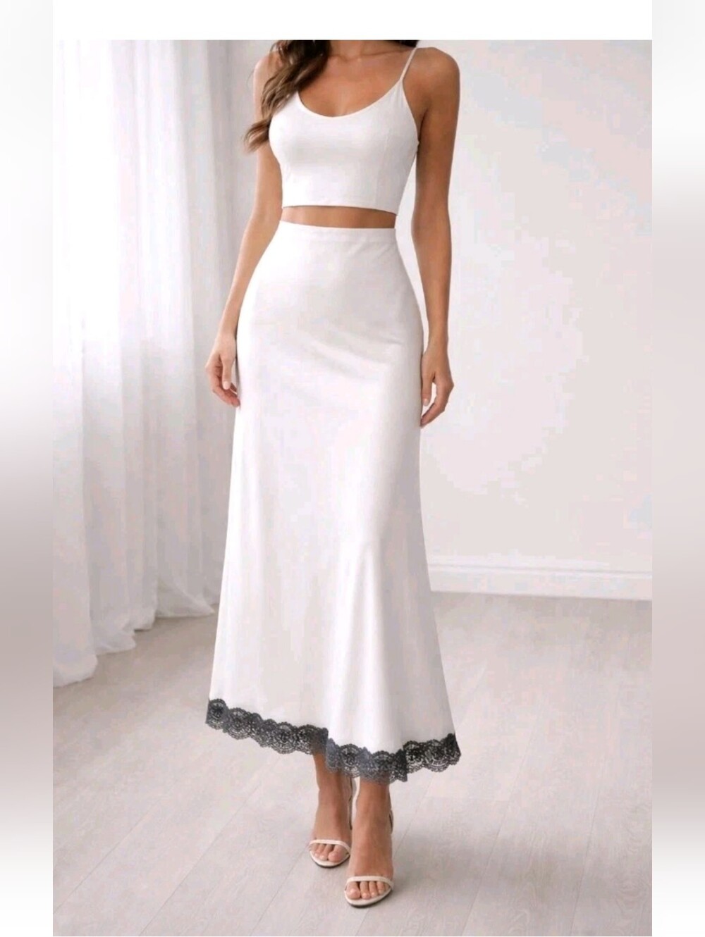 NWT A New Day Satin Maxi Slip Skirt XS White Black Elegant Minimalist Croquette